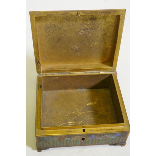 84 - An antique Japanese cloisonne cigarette box with gilt brass interior, 11 x 10 x 6cm, AF cover requir... 