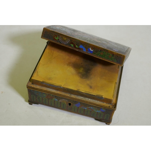 84 - An antique Japanese cloisonne cigarette box with gilt brass interior, 11 x 10 x 6cm, AF cover requir... 