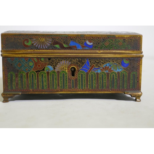 84 - An antique Japanese cloisonne cigarette box with gilt brass interior, 11 x 10 x 6cm, AF cover requir... 