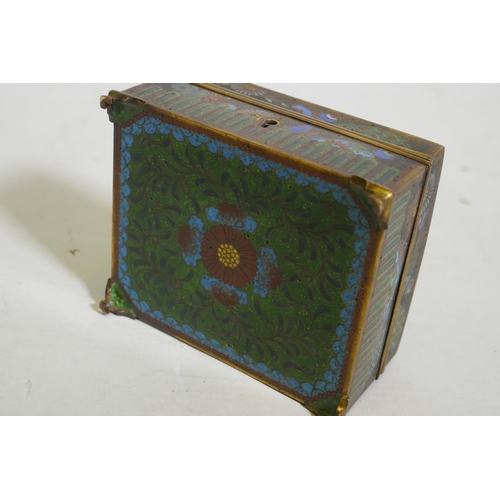 84 - An antique Japanese cloisonne cigarette box with gilt brass interior, 11 x 10 x 6cm, AF cover requir... 