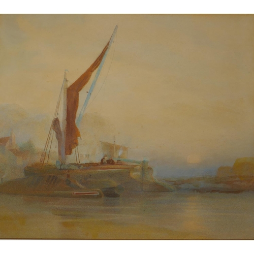 844 - Beach boat in a coastal inlet, signed Henry Barlow Carter, and a study of moored barges at sunset, b... 