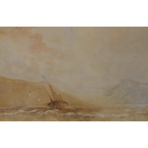 844 - Beach boat in a coastal inlet, signed Henry Barlow Carter, and a study of moored barges at sunset, b... 