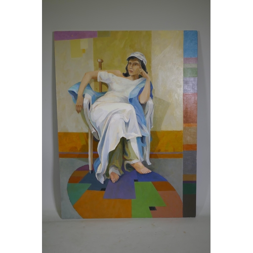 847 - A 1970s portrait of a seated woman in white, oil on board, unframed, 90 x 122cm