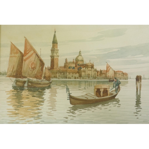 848 - Studies of Venice, four watercolours, one signed indistinctly, mid C20th, 25 x 17cm