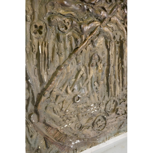 856 - An abstract plaster relief plaque of a winged creature using found items, signed Hayter 72, possibly... 