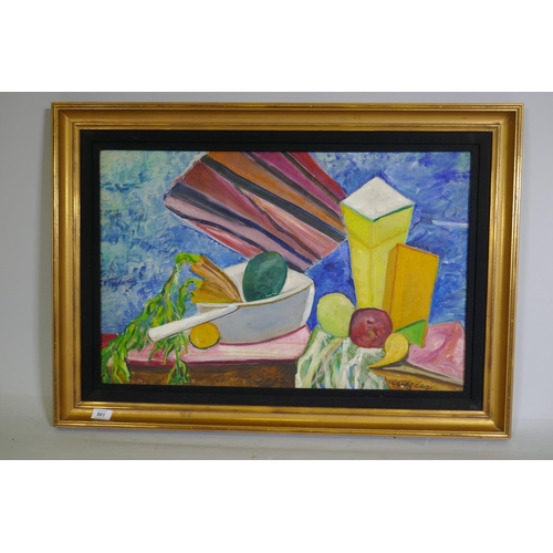 861 - Still life abstract, signed indistinctly Wegier?, mid C20th, possibly American, stretcher stamped An... 