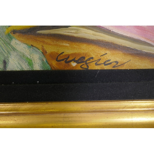 861 - Still life abstract, signed indistinctly Wegier?, mid C20th, possibly American, stretcher stamped An... 