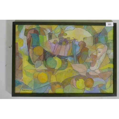 865 - Peter Hart, abstract with fruit, signed and dated 2001, oil on canvas, 50 x 36cm