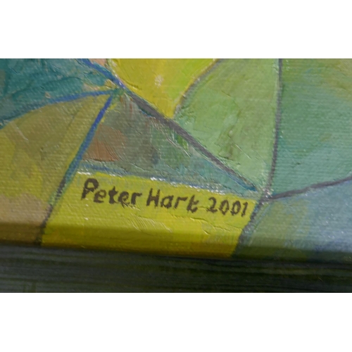 865 - Peter Hart, abstract with fruit, signed and dated 2001, oil on canvas, 50 x 36cm