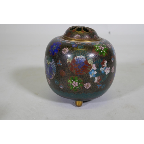 87 - An antique oriental cloisonne potpourri, with ginbari panels, 13cm high, lacks knop to cover, a pair... 