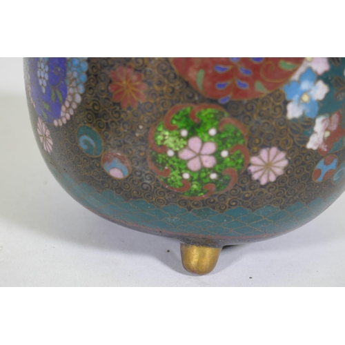 87 - An antique oriental cloisonne potpourri, with ginbari panels, 13cm high, lacks knop to cover, a pair... 