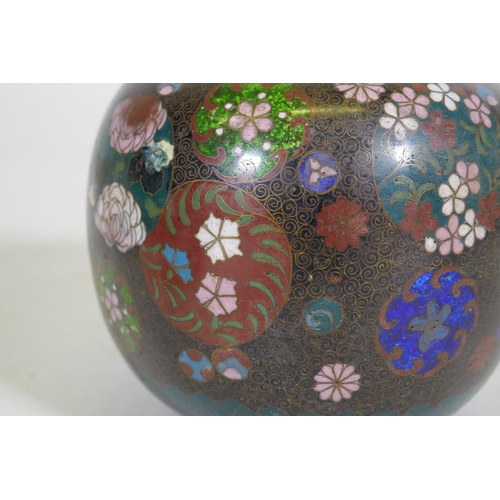 87 - An antique oriental cloisonne potpourri, with ginbari panels, 13cm high, lacks knop to cover, a pair... 