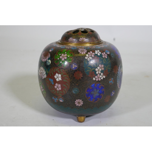 87 - An antique oriental cloisonne potpourri, with ginbari panels, 13cm high, lacks knop to cover, a pair... 