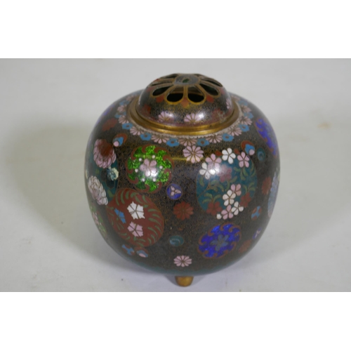 87 - An antique oriental cloisonne potpourri, with ginbari panels, 13cm high, lacks knop to cover, a pair... 