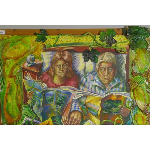 870 - A couple with a pot of tea, reading magazines in bed, mixed media on canvas, unsigned, 88 x 98cm