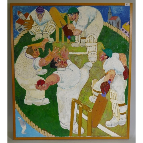 871 - Andrew Arons, the cricket match, signed and dated 92, oil on canvas, 103 x 119cm