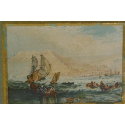 872 - A pair of C19th framed lithoprinted marine vignettes, each 7 x 5cm, and a C19th engraving after Rowl... 