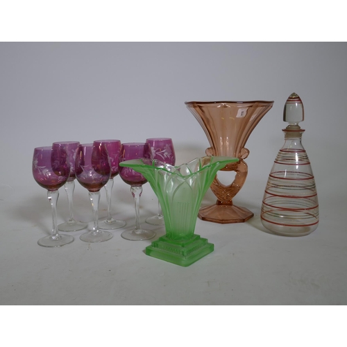 93 - A set of six coloured hock glasses, two Art Deco vases and a lemonade flask, 28cm high