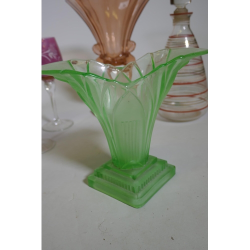 93 - A set of six coloured hock glasses, two Art Deco vases and a lemonade flask, 28cm high