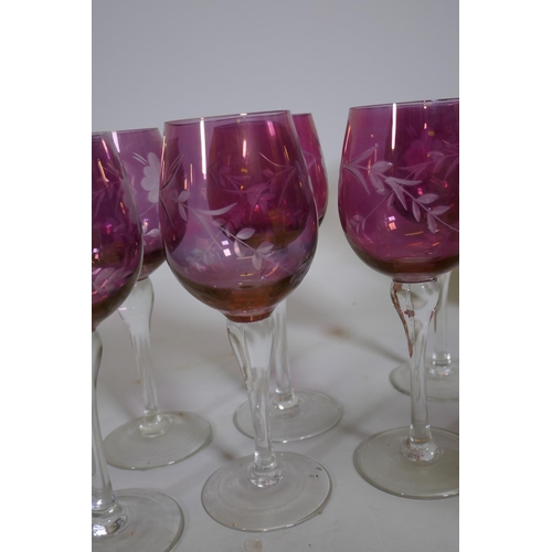 93 - A set of six coloured hock glasses, two Art Deco vases and a lemonade flask, 28cm high