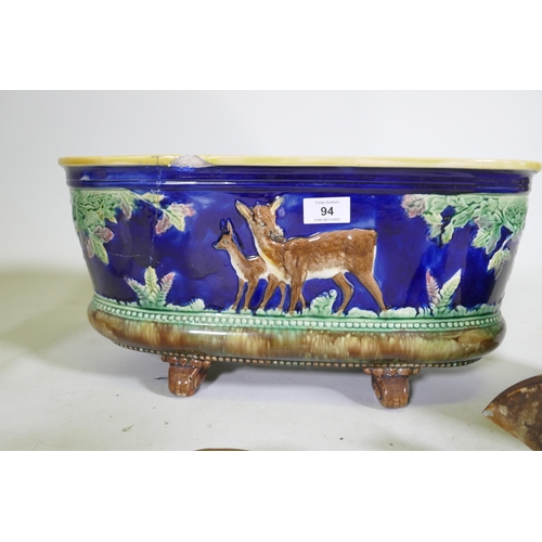 94 - A Victorian Majolica planter, AF broken/re-stuck, 47 x 21 x 23cm, a planter, Shelley vase etc