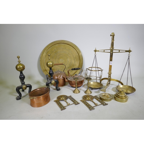 95 - A set of brass balance scales stamped J. Hare, maker Birmingham, and weights, 56cm high, a pair of C... 