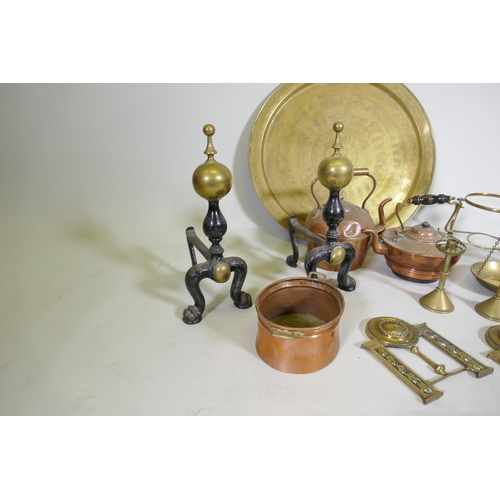 95 - A set of brass balance scales stamped J. Hare, maker Birmingham, and weights, 56cm high, a pair of C... 