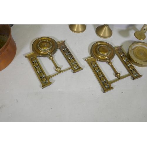 95 - A set of brass balance scales stamped J. Hare, maker Birmingham, and weights, 56cm high, a pair of C... 