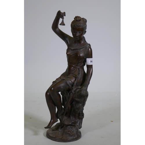 96 - A bronze figure of Diana the huntress, unsigned, unsigned, 43cm high