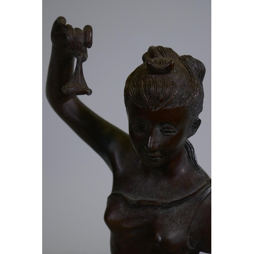 96 - A bronze figure of Diana the huntress, unsigned, unsigned, 43cm high