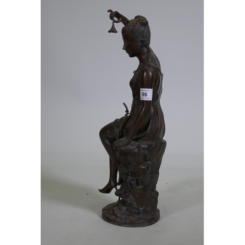 96 - A bronze figure of Diana the huntress, unsigned, unsigned, 43cm high