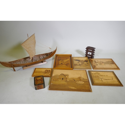 97 - A wood model of a Viking longship, 68cm long, a marquetry panel signed George Wylder, five others, a... 