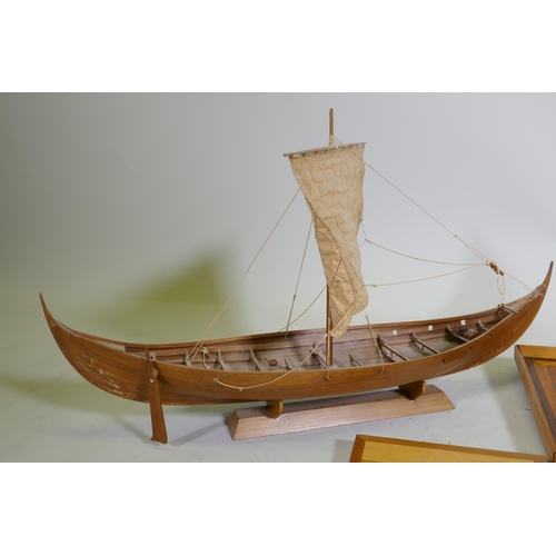 97 - A wood model of a Viking longship, 68cm long, a marquetry panel signed George Wylder, five others, a... 