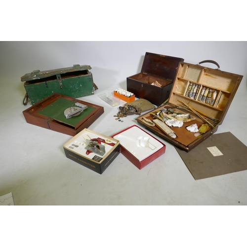 98 - A Victoria mahogany workbox with sewing contents, artist's box, writing slope, AF, an antique ammuni... 