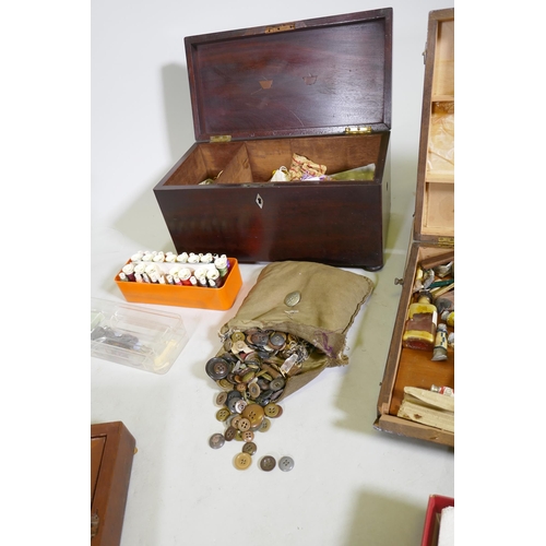 98 - A Victoria mahogany workbox with sewing contents, artist's box, writing slope, AF, an antique ammuni... 