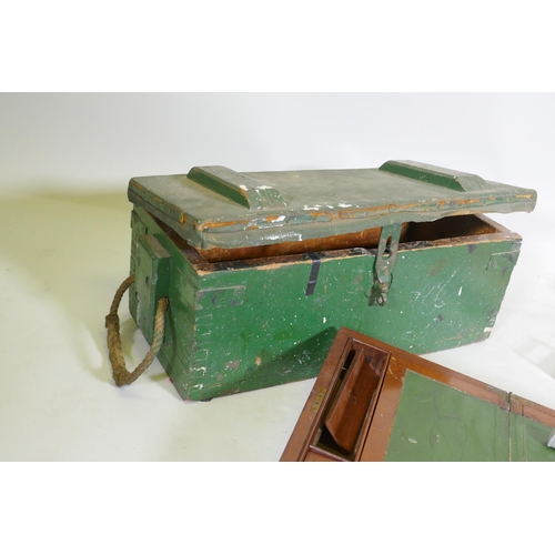 98 - A Victoria mahogany workbox with sewing contents, artist's box, writing slope, AF, an antique ammuni... 