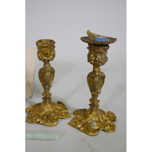 99 - An antique French enamelled miniature print in gilt frame, a pair of ormolu candlesticks, a Chinese ... 