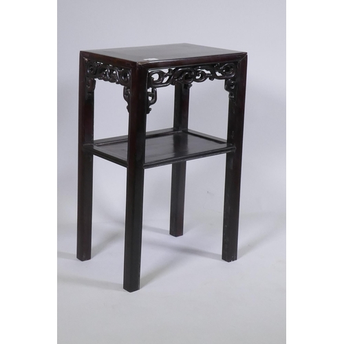 1096 - An antique Chinese hardwood two tier side table with carved and pierced frieze, 41 x 30cm, 67cm high