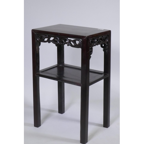 1096 - An antique Chinese hardwood two tier side table with carved and pierced frieze, 41 x 30cm, 67cm high