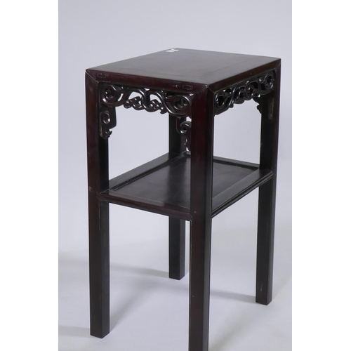 1096 - An antique Chinese hardwood two tier side table with carved and pierced frieze, 41 x 30cm, 67cm high