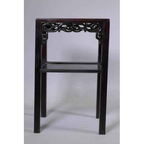 1096 - An antique Chinese hardwood two tier side table with carved and pierced frieze, 41 x 30cm, 67cm high