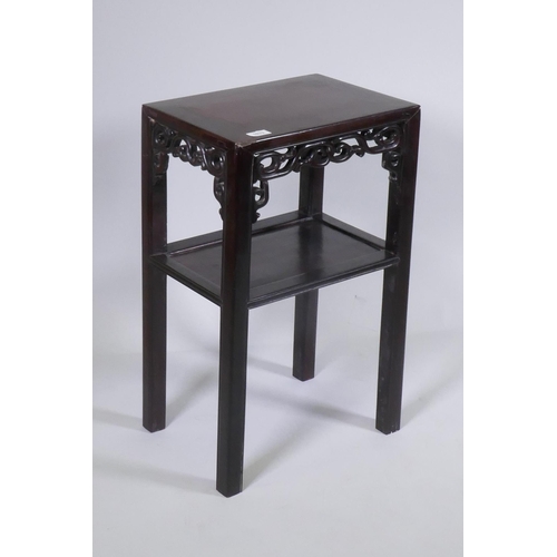 1096 - An antique Chinese hardwood two tier side table with carved and pierced frieze, 41 x 30cm, 67cm high