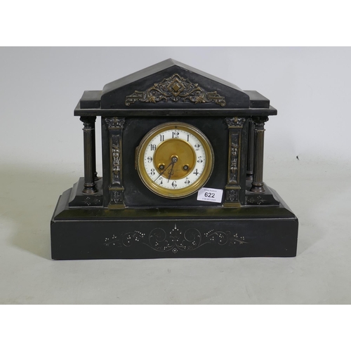 666 - A French slate mantel clock, the dial brass dial inscribed Barrard, Paris, the Japy Freres movement ... 