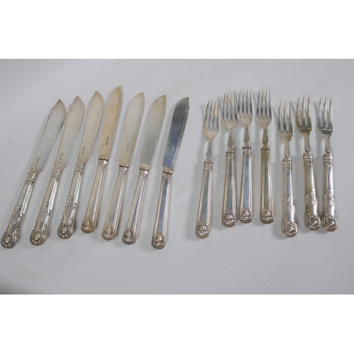 669 - A matching part set of three solid silver fish knives and forks and a set of four in King Edward pat... 