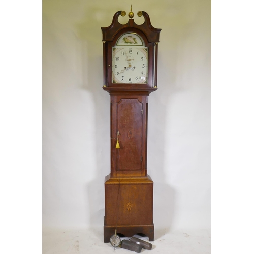 674 - C19th oak long case clock, the case with banded veneer, and inlaid shell decoration, the painted dia... 