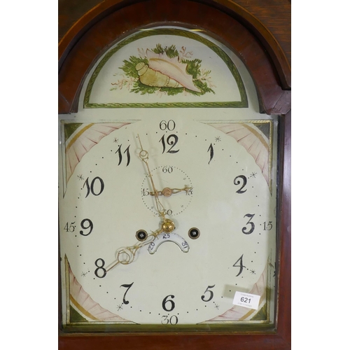 674 - C19th oak long case clock, the case with banded veneer, and inlaid shell decoration, the painted dia... 