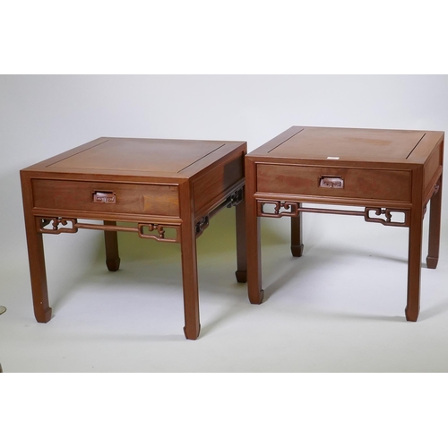 1134 - A pair of Chinese red wood side tables with a single drawer, 61 x 61cm, 55cm high