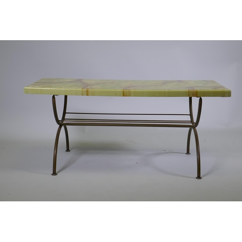 1150 - A vintage brass and simulated onyx coffee table, 98 x 44cm, 44cm high