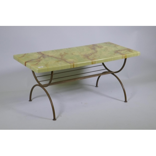 1150 - A vintage brass and simulated onyx coffee table, 98 x 44cm, 44cm high