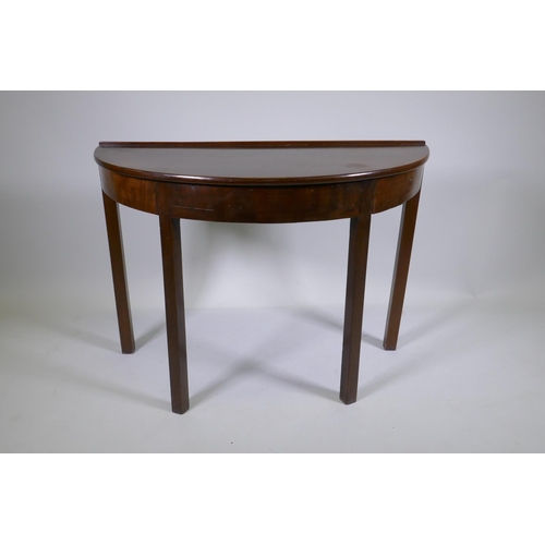 1165 - A C19th mahogany demi lune side table, raised on square supports, 103 x 46 x 72cm